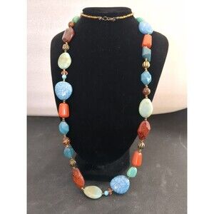 VINTAGE SOUTHWESTERN CHUNKY MULTI COLOR MULTI STONE NECKLACE 25” GOLD TONE